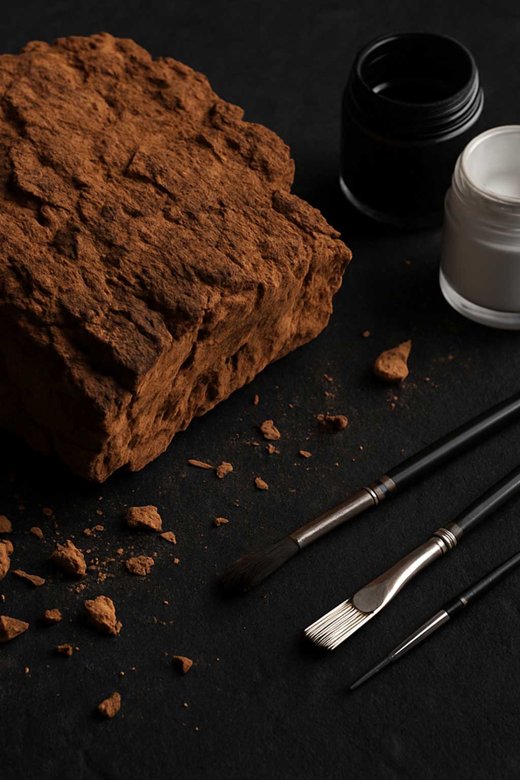 Gros morceau de liège brut entouré de copeaux, de pots de peinture noir et blanc, et de pinceaux fins, posés sur un fond noir texturé. Scène artisanale illustrant la création des bijoux Paola Borde.