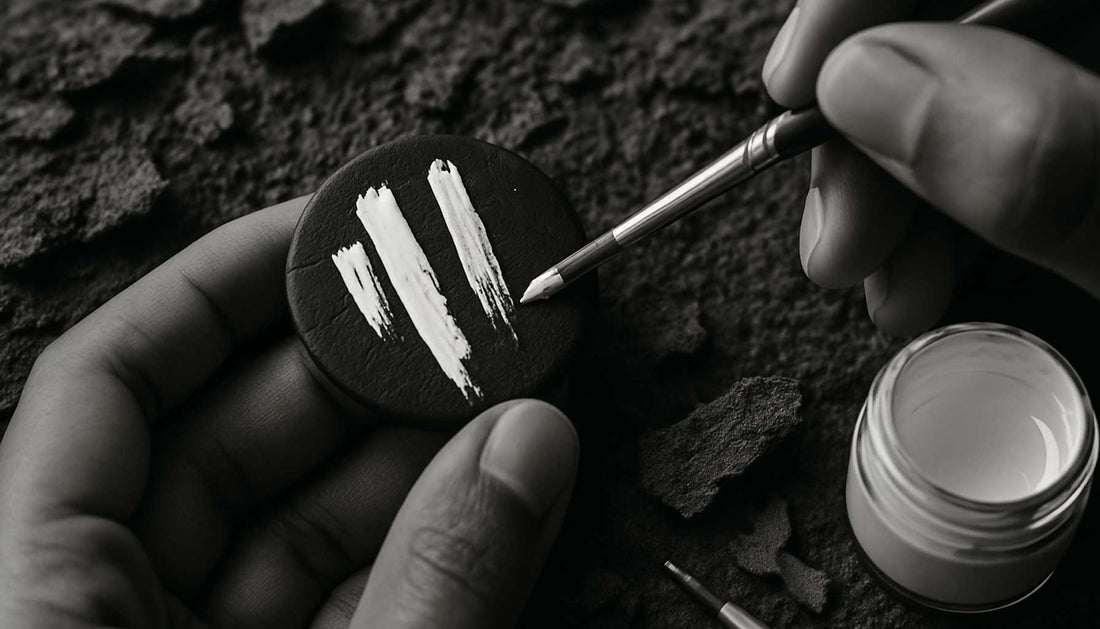 Bijoux en liège noir peints en blanc par Paola Borde