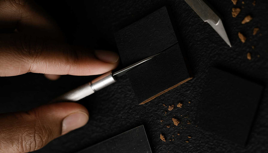 Main métisse découpant un morceau de liège noir avec un cutter de précision, sur un fond noir texturé. Une scène artisanale illustrant le soin et la rigueur du travail fait main