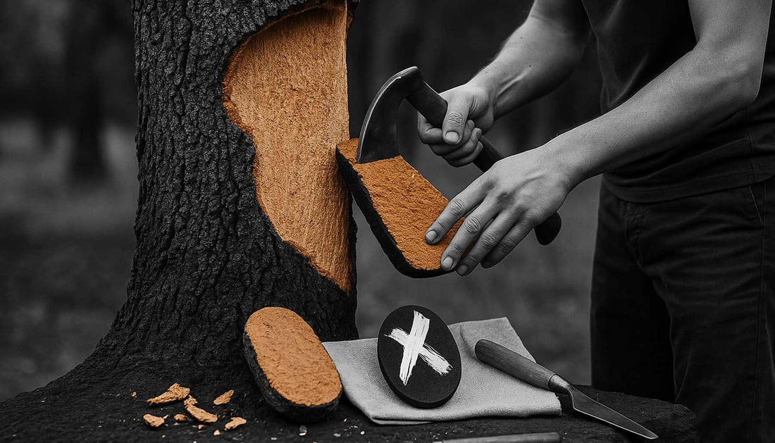 Artisan retirant l’écorce d’un chêne-liège avec une hache traditionnelle. Le contraste entre l’écorce noire et le liège brun met en valeur le savoir-faire ancestral et le respect de la matière première