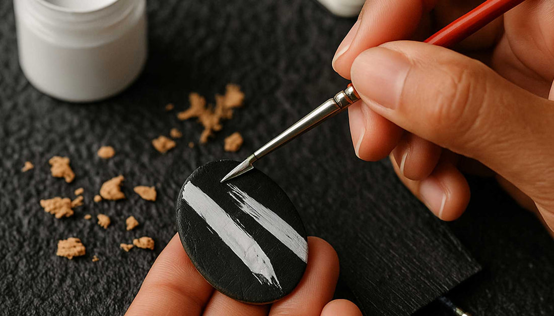 Main peignant un bijou en liège noir à la main, avec pinceau et pot de peinture blanche. Naissance artisanale d’une création Paola Borde