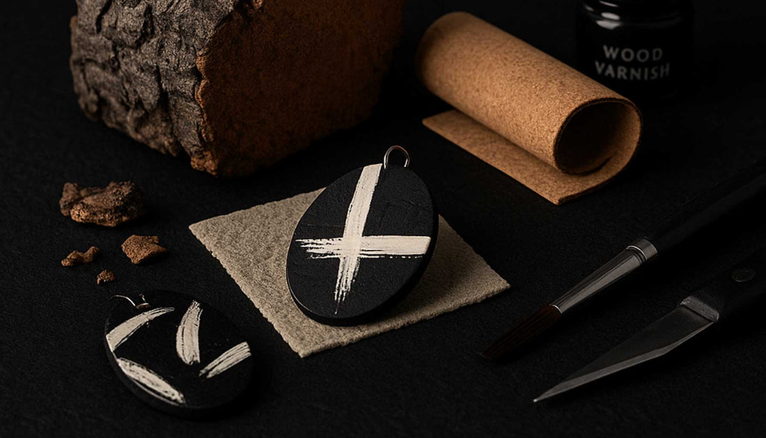 Morceau de liège brut, feuille roulée, bijoux peints à la main en noir et blanc, vernis, pinceau et lame posés sur fond noir texturé. Une mise en scène artisanale illustrant les qualités naturelles du liège : légèreté, résistance et élégance.