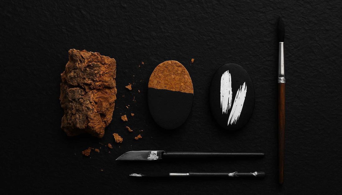 pièce en cours de peinture et création finale peinte en noir et blanc, posés sur fond noir texturé avec pinceaux et lame chez Paola Borde