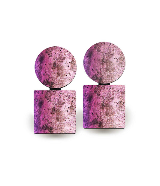 Boucles d'oreilles cuir pearl rose Round Square fabriquées en France par Paola Borde