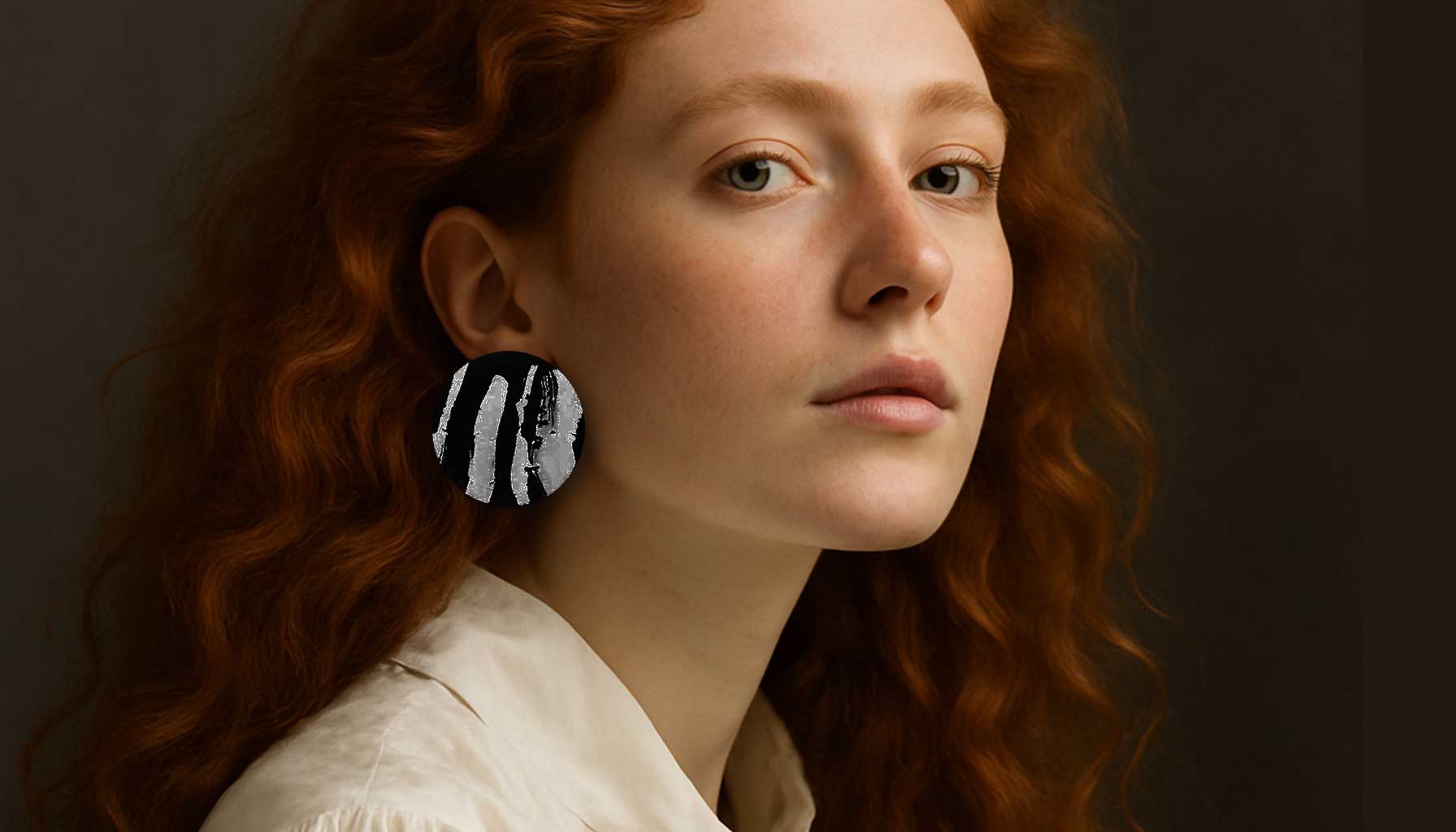 Femme portant un bijou en liège peint à la main, design graphique noir et blanc. Ce bijou minimaliste met en avant des formes géométriques et des contrastes saisissants, parfait pour un style élégant et moderne.